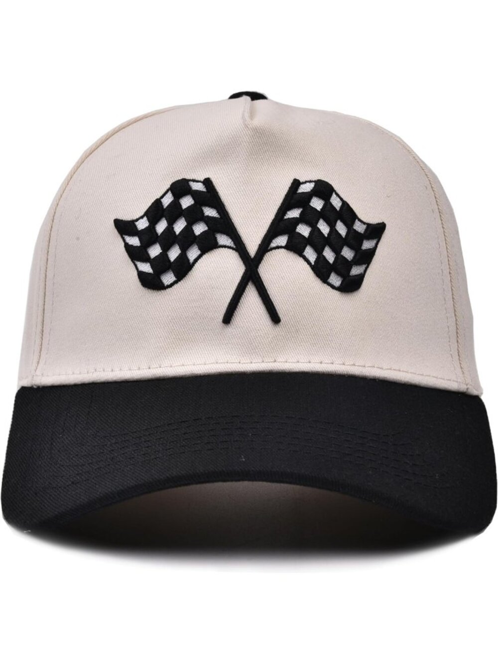 Vintage Racing Car Flag Trucker Hat | Adjustable Checkered Snapback Cap - Beige